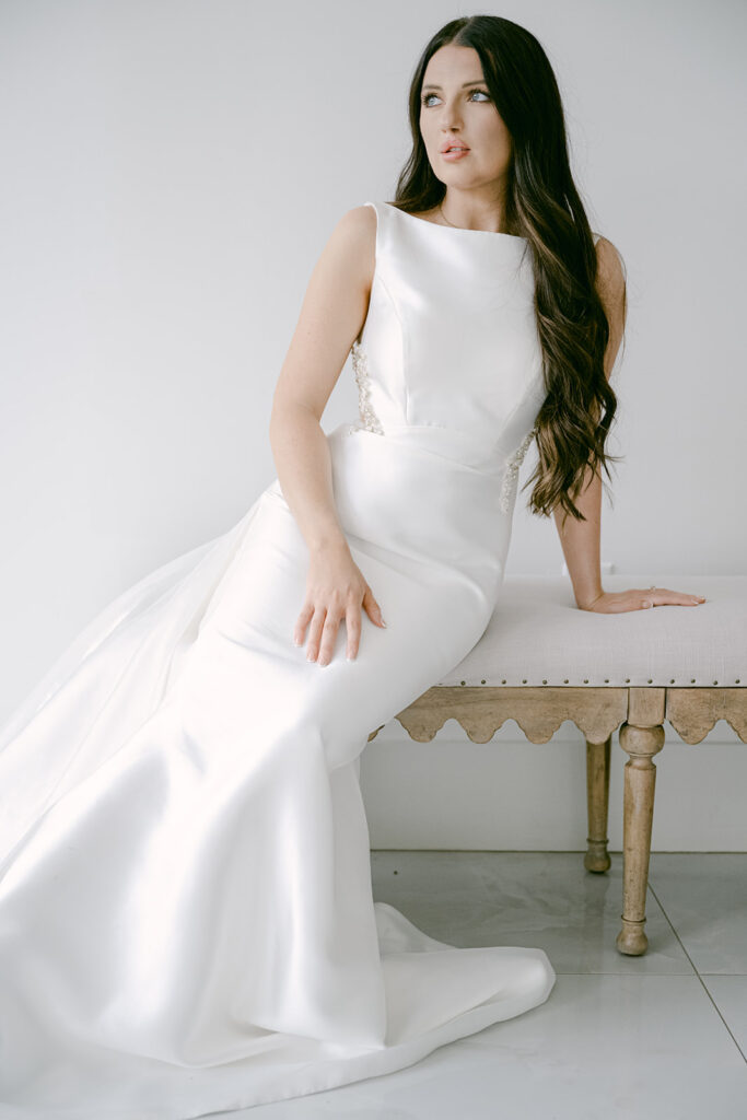 Close-up of bride’s face and bodice detail at The Videre wedding venue in Texas